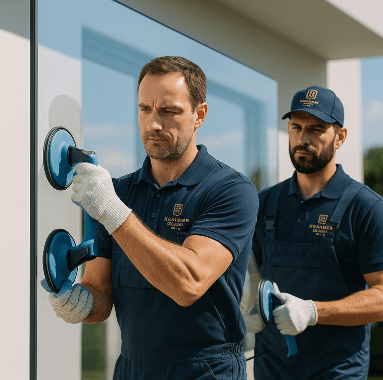 two men in blue uniforms are standing in front of a building