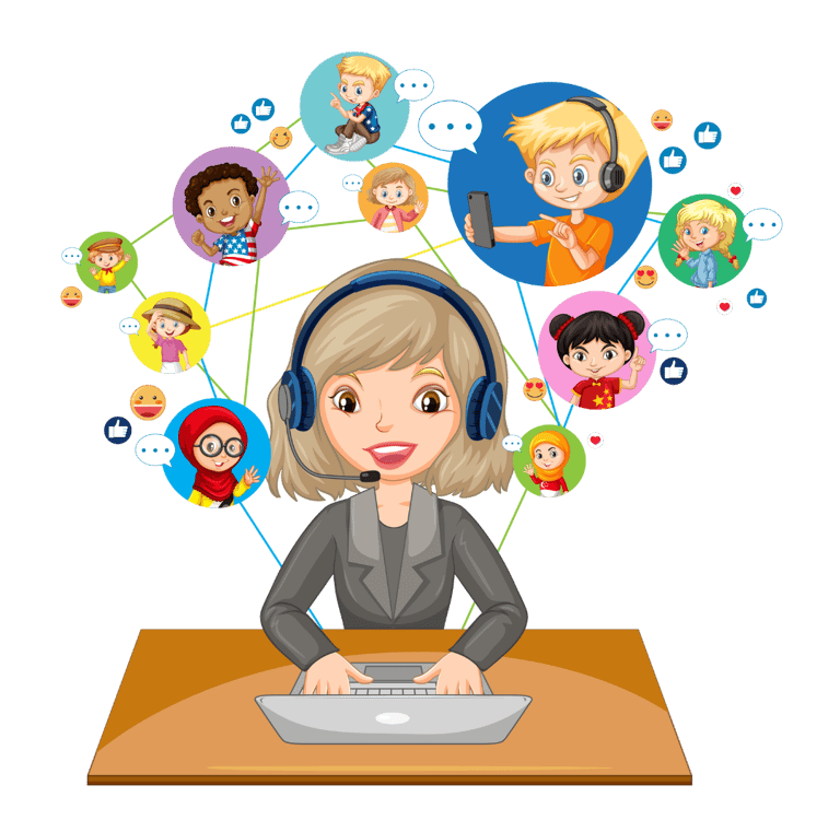 Woman with headset and laptop, symbolizing online education and digital inclusion.