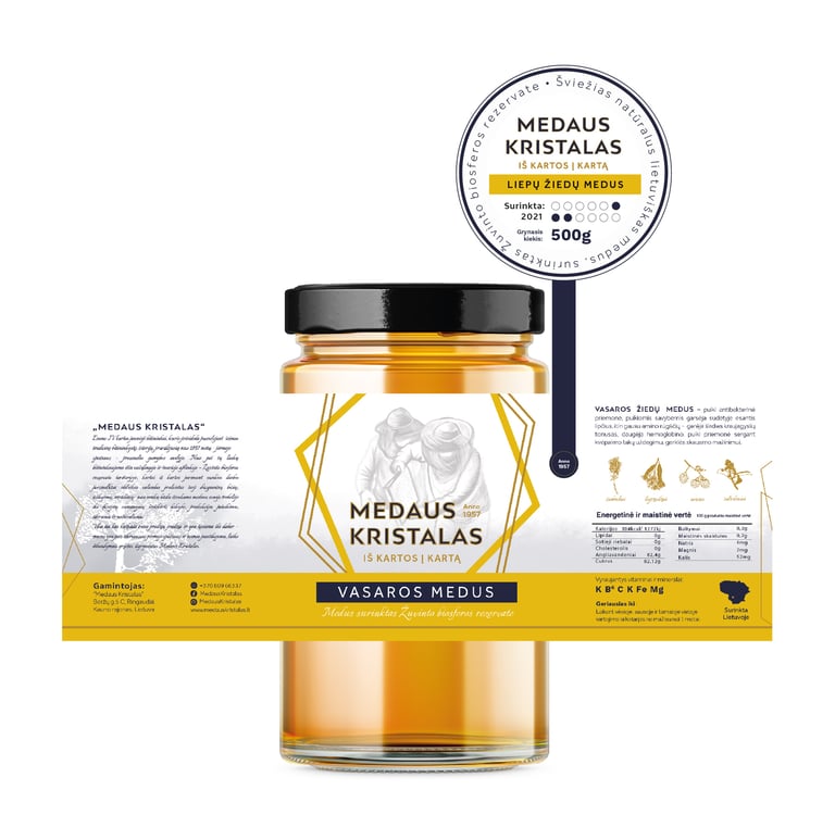 Natural honey label yellow color, beekeepers illustration, dark blue text 