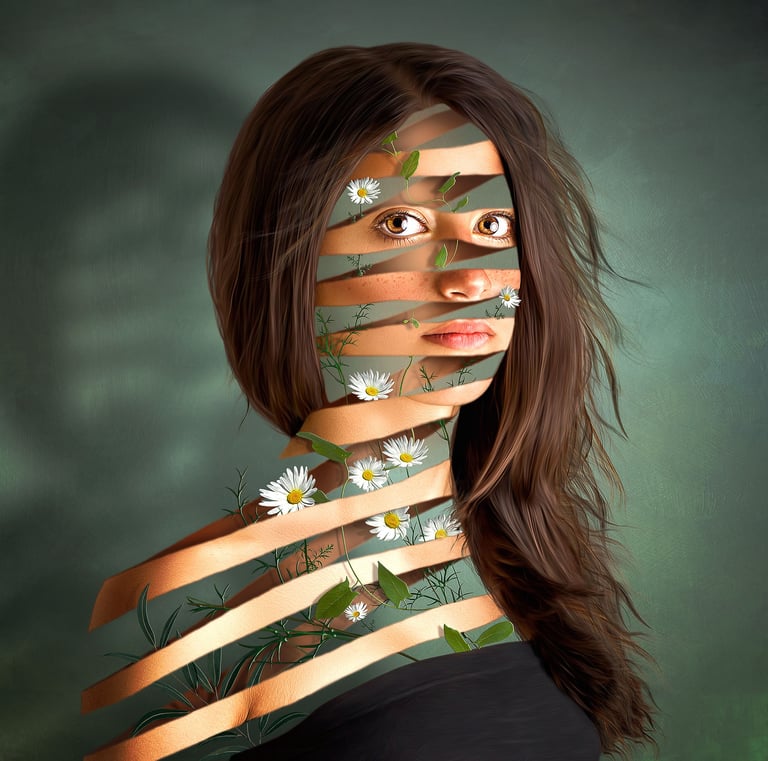 a woman with a flowers coming out of her, peeled effect Photoshop