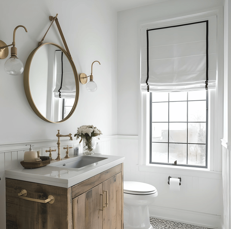 a bathroom with a mirror and a mirror