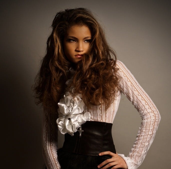 a beautiful woman in a white special partially transparent shirt and black skirt