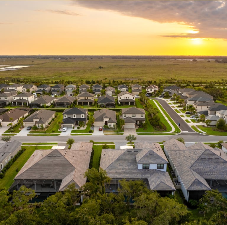Aerial views of homes in a community