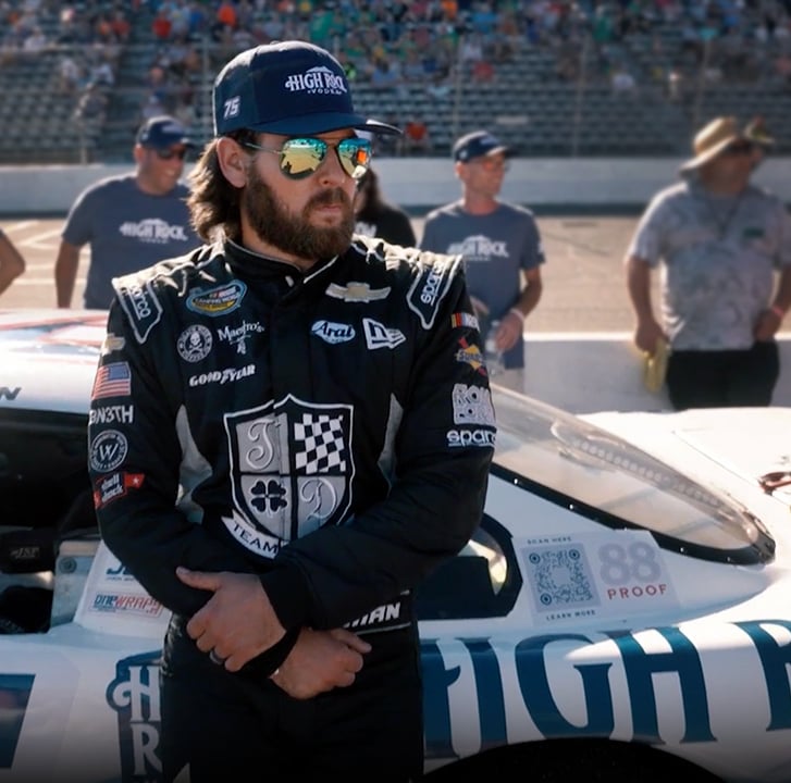 Landon Huffman waits to race at North Wilkesboro in the High Rock Vodka car