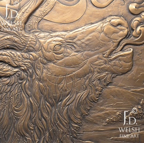 Bugler on the Ridge - Bugling bull elk - Art Nouveau bronze relief sculpture - Jeremiah D Welsh