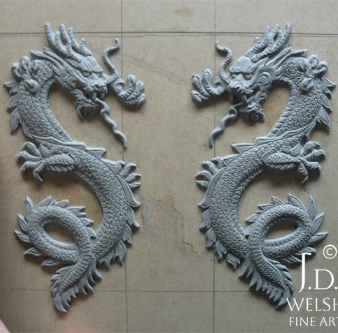 Book-matched Chinese Dragons - clay sculptures - Jeremiah D Welsh