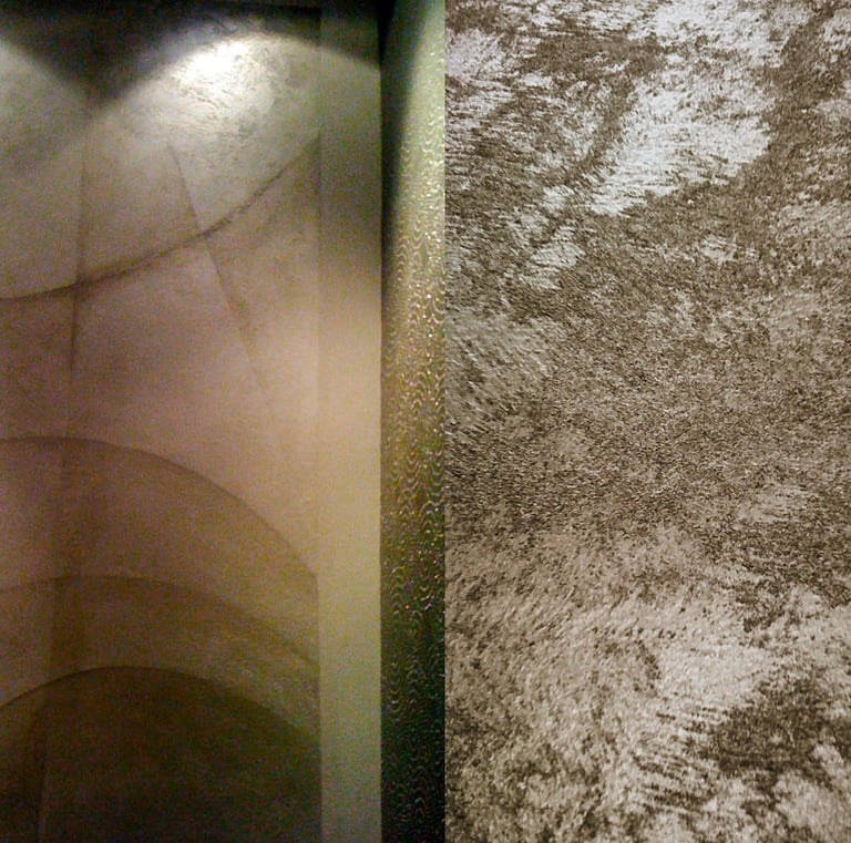 Two images show luxurious, grainy silver murals enveloped in mysterious warm, dark lighting.