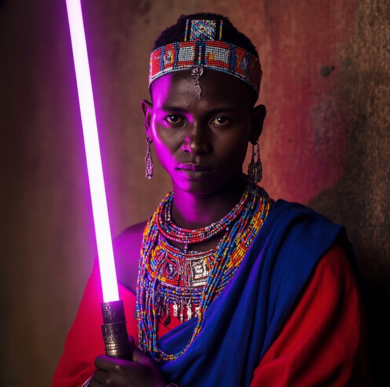 a maasai warrior with a lightsaber