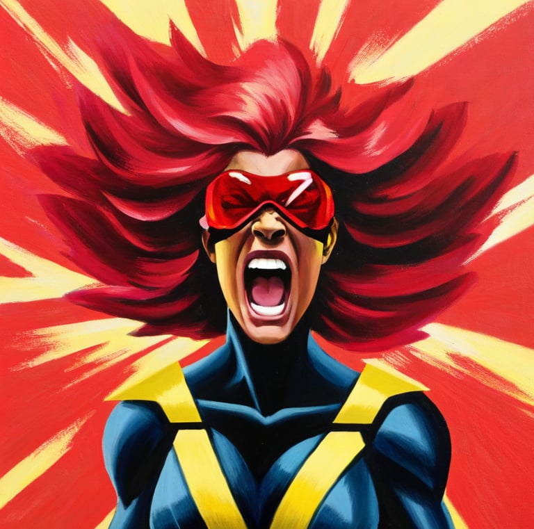 an x-men painting of a woman in a red mask and red goggles