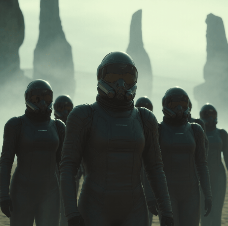 a group of space explorers on a planet