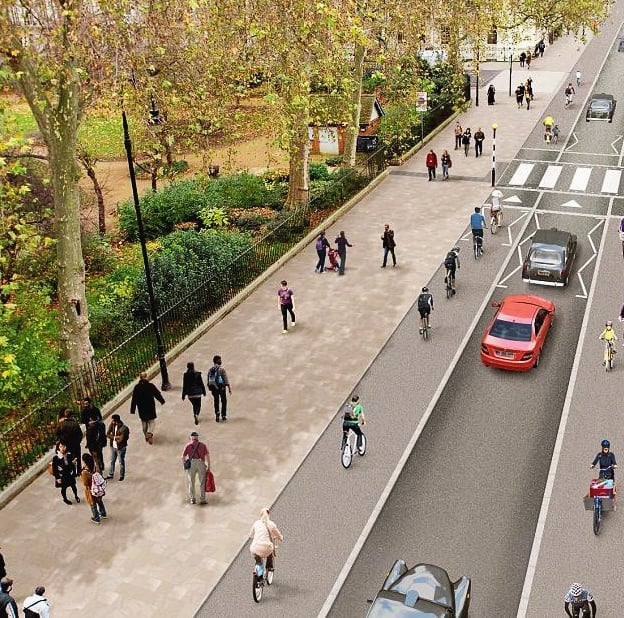 Rendering of a road with large sidewalks and bike lanes