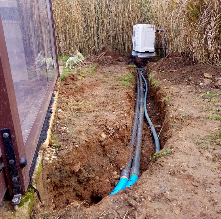 Heat pump with underground connections.