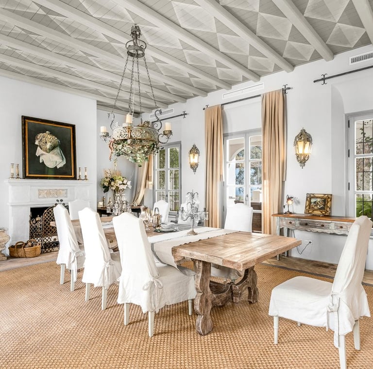 Dining room at Finca Santa Katerina with traditional furniture and chandelier