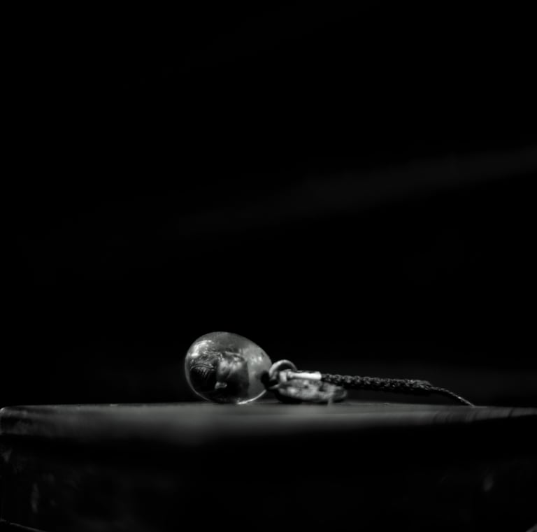 a black and white photo of a silver earring