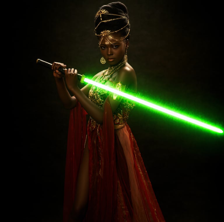 a black woman with green lightsaber