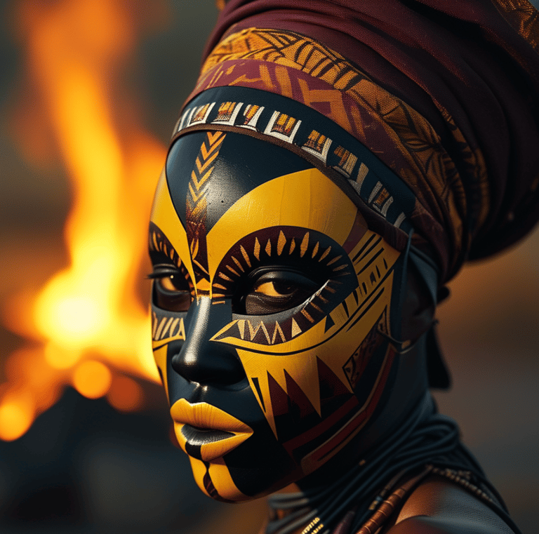 a woman with a painted face and a african tribal mask