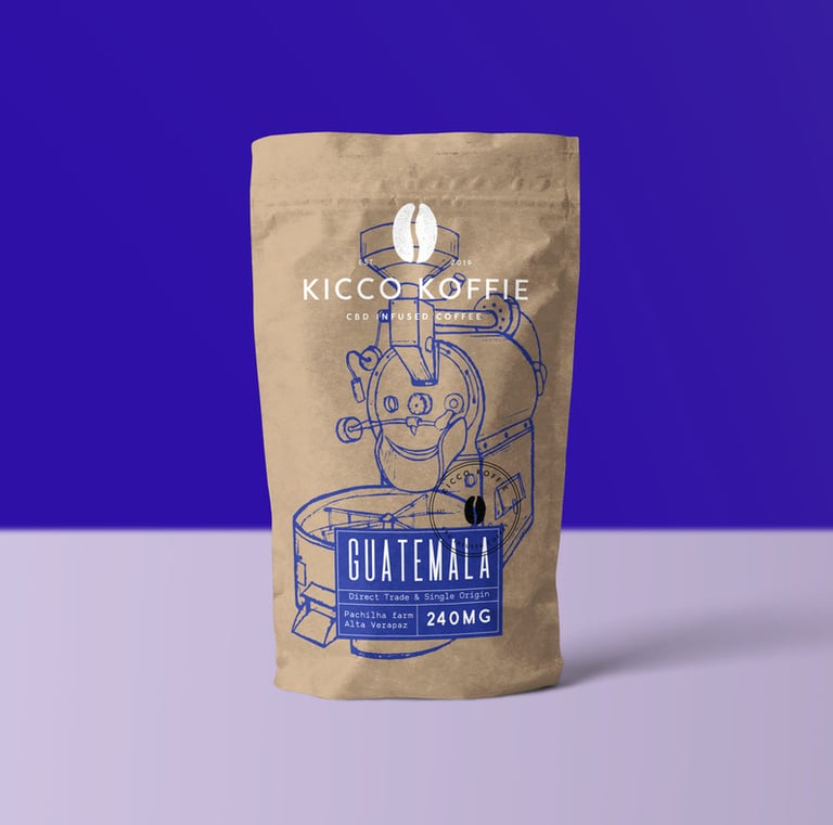 fraft coffee bag with minimalis picture of coffee roasting maschine, royal blue color