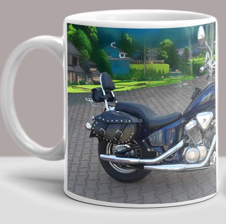 two mugs with a motorcycle and a motorcycle