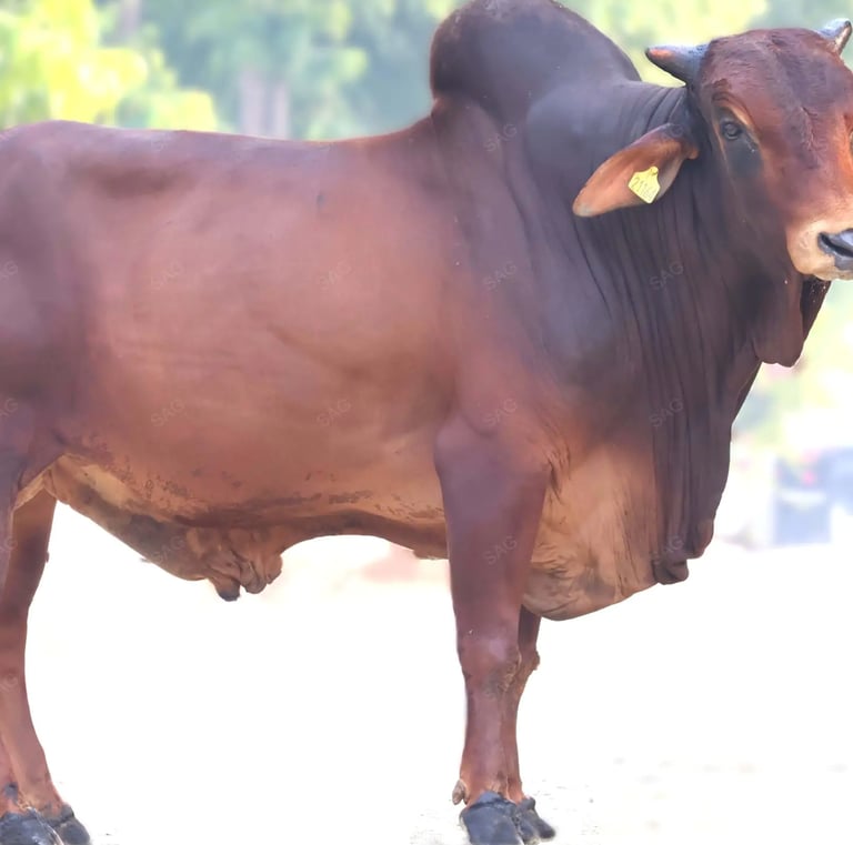a red sahiwal bull in the middle of a farm
