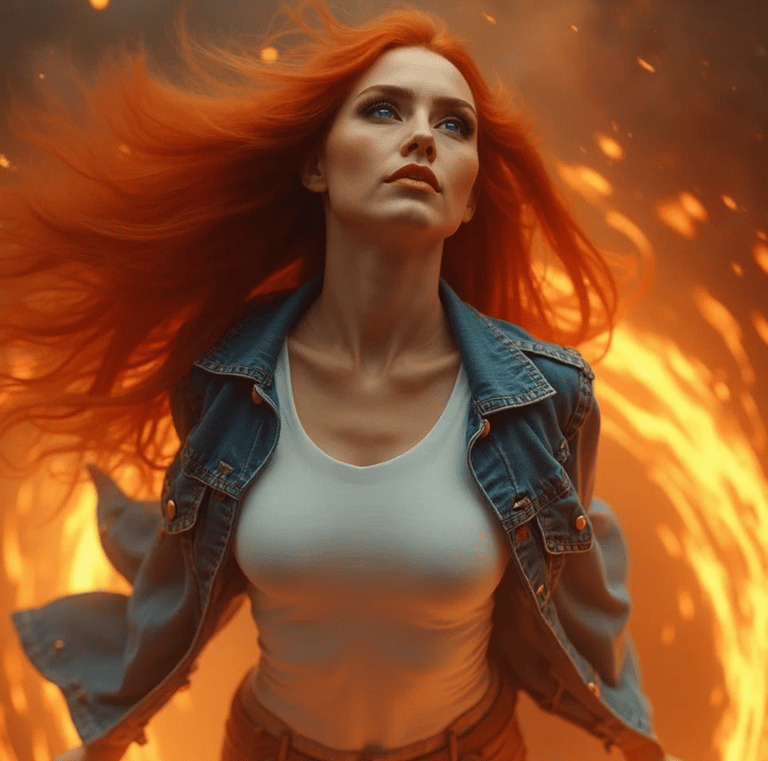 a woman in a white shirt and jeans jacket with a red hair and a denim