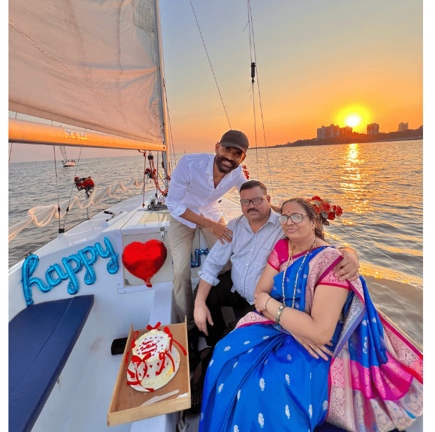a man and woman sitting on a boat