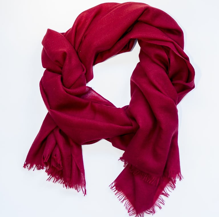 “Luxurious red pashmina scarf with soft fringes, elegantly wrapped in a circle on a bright backgroun
