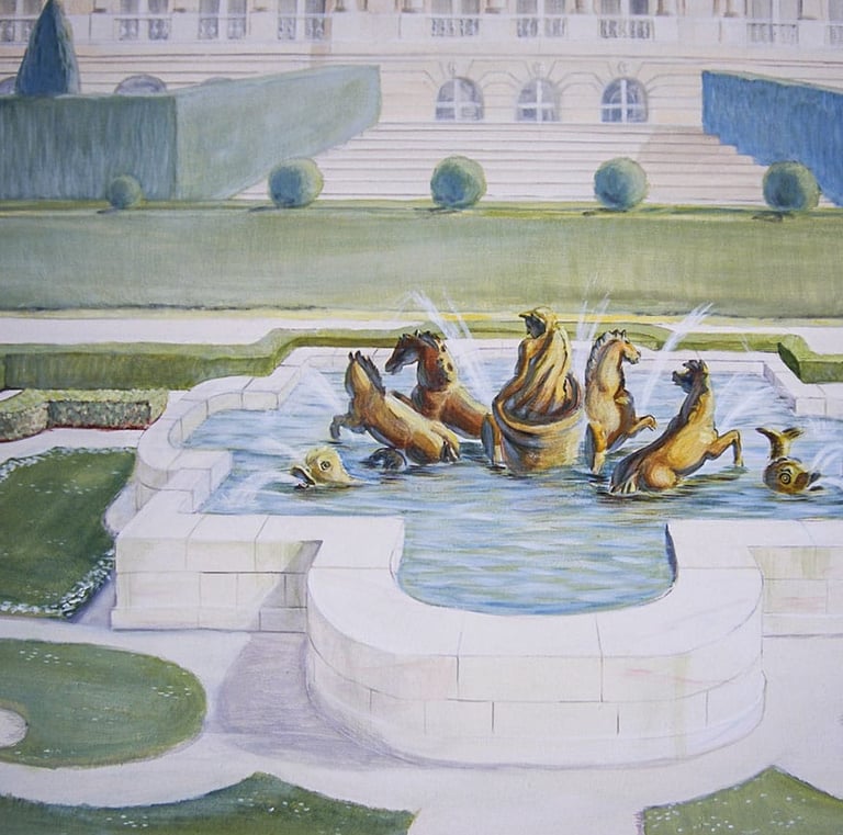 Detail of mural showing a hand painted fountain with golden horses at Versaille's garden