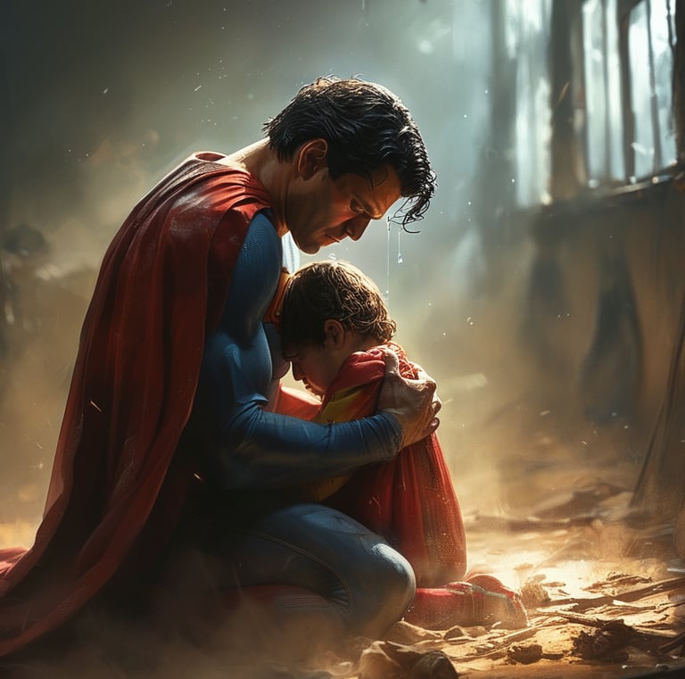 a man in a superman suit is holding a child
