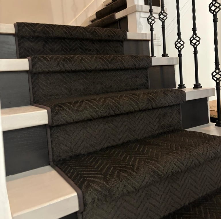 Black herringbone runner carpet installed on staircase with modern look – London ON