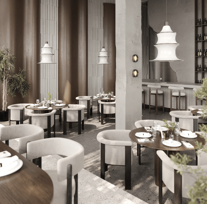 a restaurant with a large table and chairs