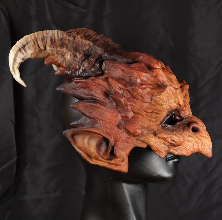 Finished fantasy creature mask created from a detailed 3D print and hand finished