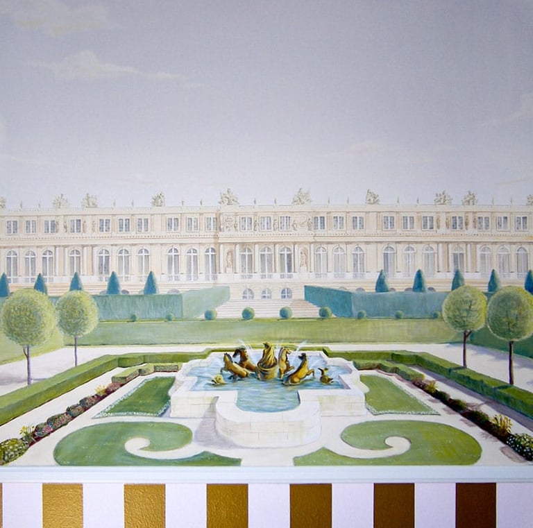 Segment of Kid's mural of Versailles and gardens and a pink and gold striped dado underneath.