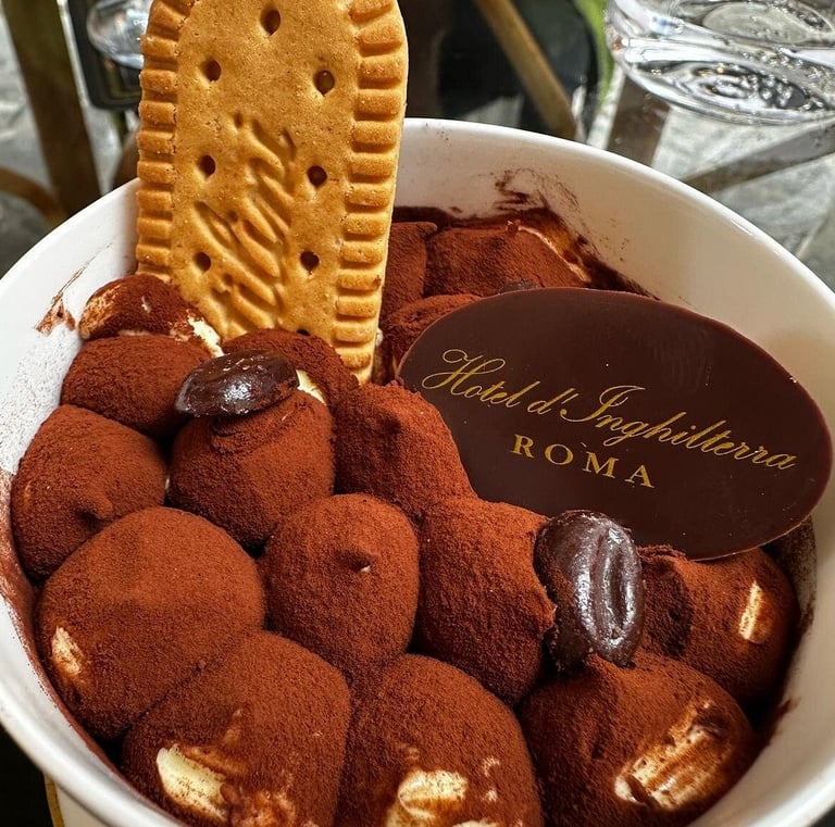 Tiramisu dessert Cafe Romano at Hotel d’Inghilterra, Rome.