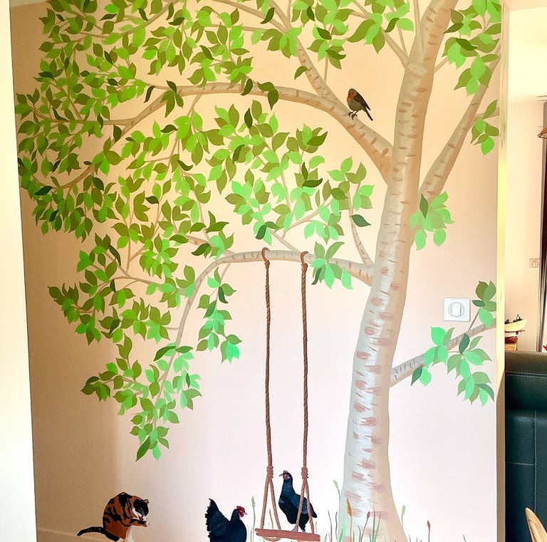 Cerisier été fresque salon particulier client animaux ferme oiseaux peint Fresh Fresque Caen déco