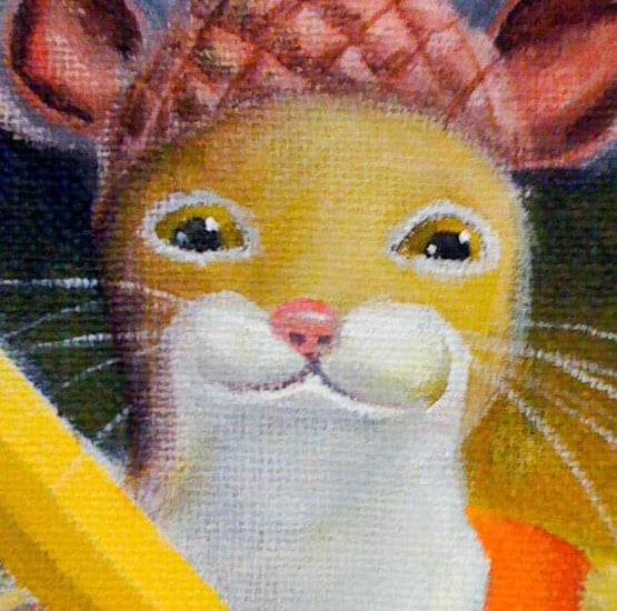 Close-up of kid’s mural showing a mouse wearing an acorn hat, inspired by ‘The Library Mouse".