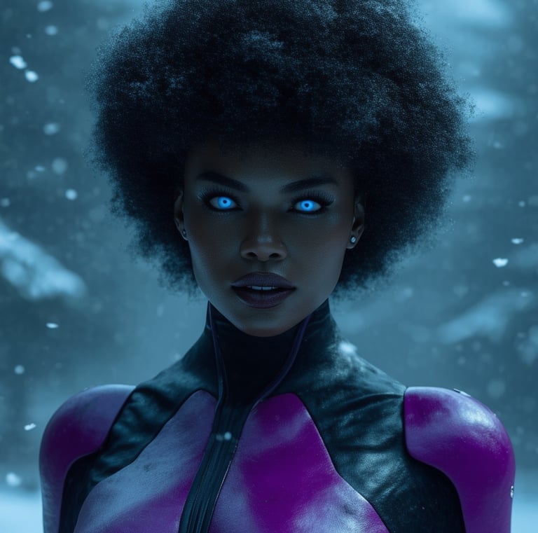 a black woman in a purple outfit with blue eyes