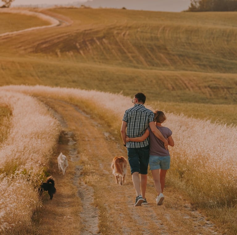 ritratto di famiglia che cammina al tramonto