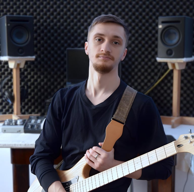 Music artist Valah looking at the camera in a studio, with electric guitar strapped on his shoulder.