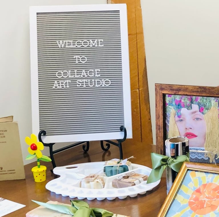 A variety of collage examples that can be made at Collage Art Studio.