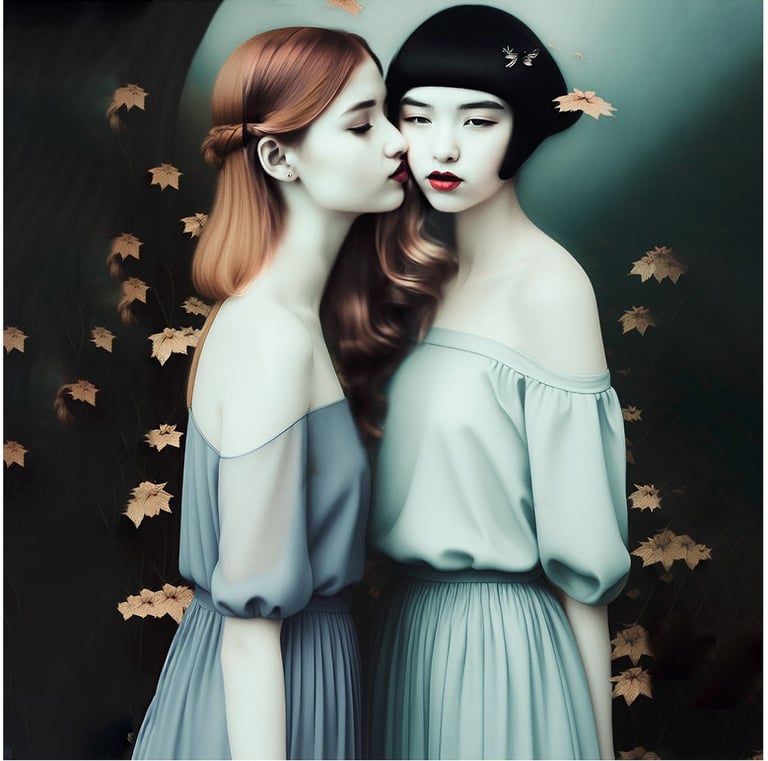 two women in masks and costumes with masks on