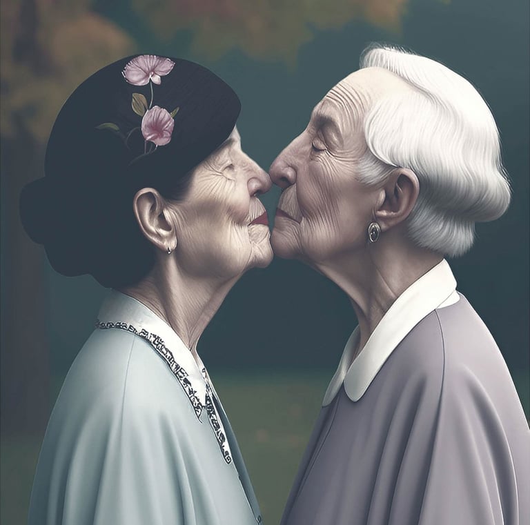 a woman and woman kissing in front of a dark background