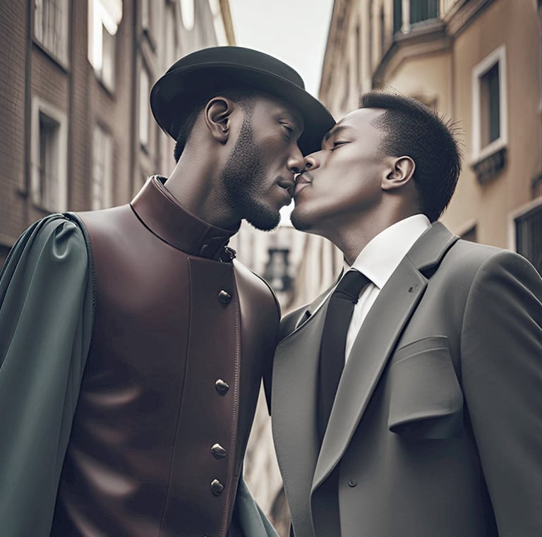 two men in suits and ties kissing in a city