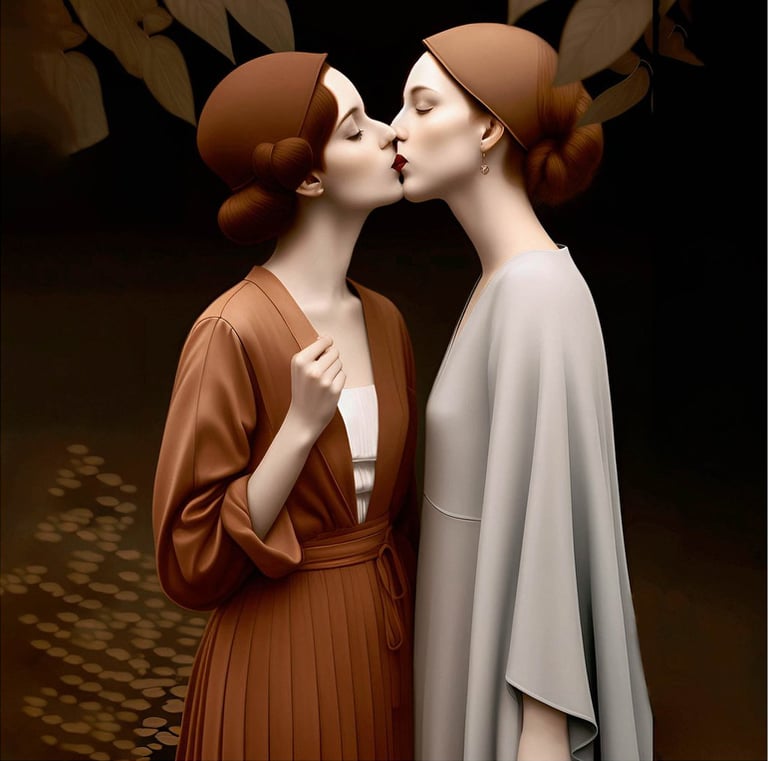 two women kissing in front of a black background