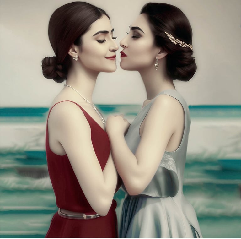 two women standing next to each other in front of a beach