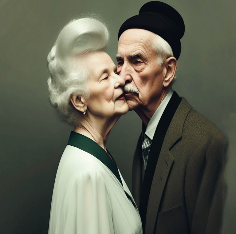 a man and woman kissing in front of a gray background