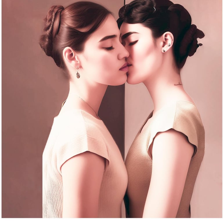 two women kissing in front of a mirror
