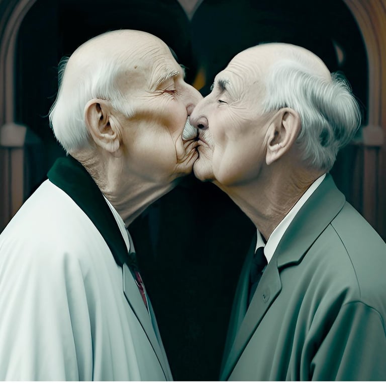 two men kissing in front of a black and white photo