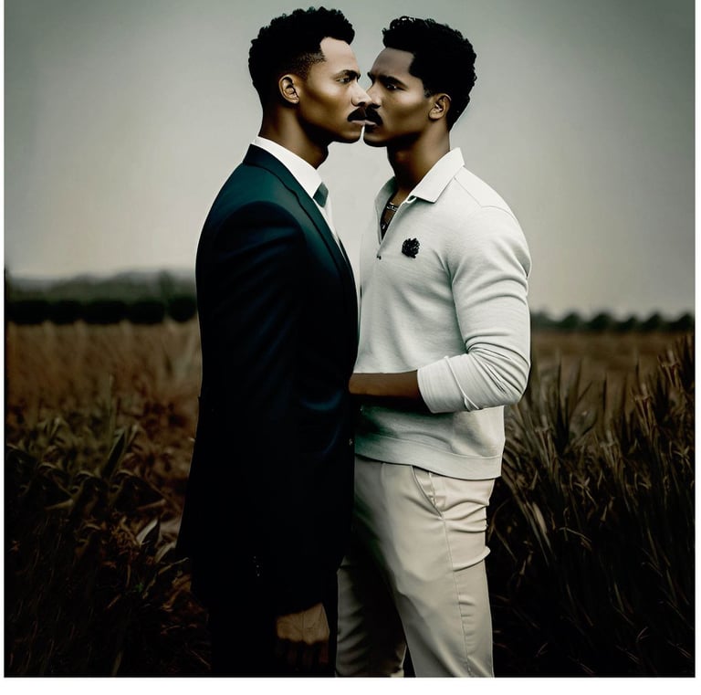 a man and man standing in a field
