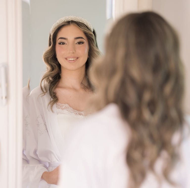 Detail shot of bride’s glowing complexion and luxury bridal makeup photographed in Toronto