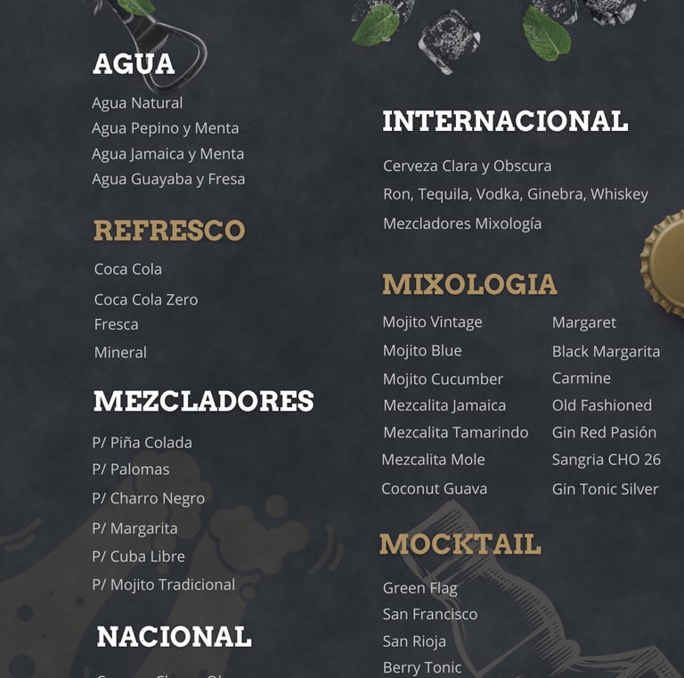 a menu of a bar with a menu listing on it